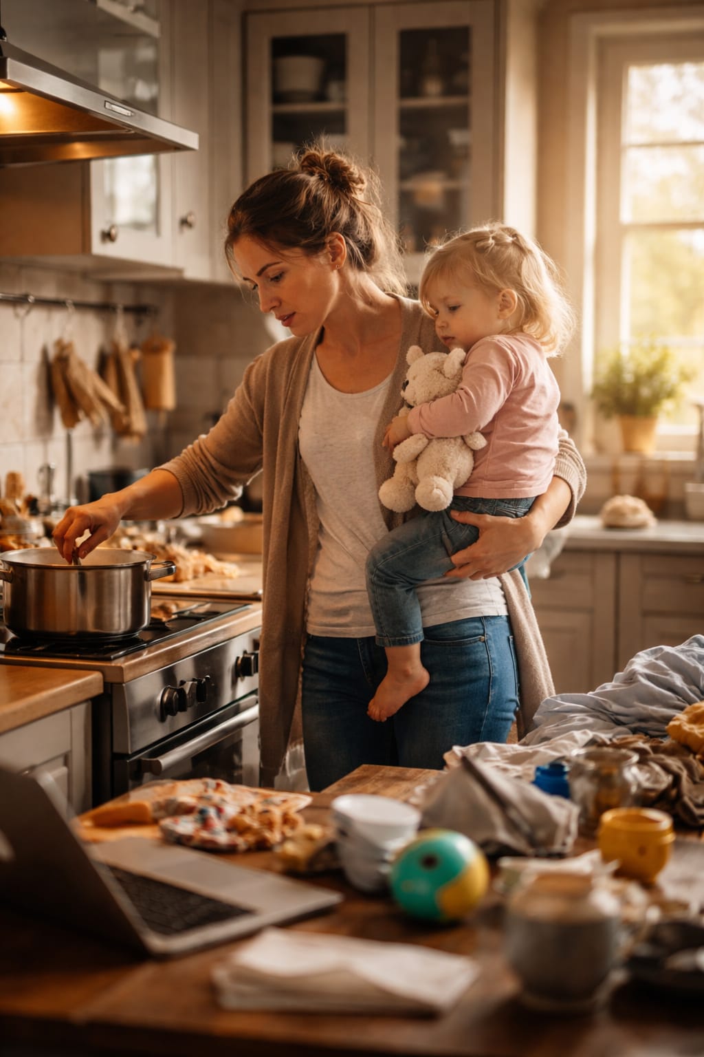 Modern mother handling childcare and housework alone illustrating trad wife meaning