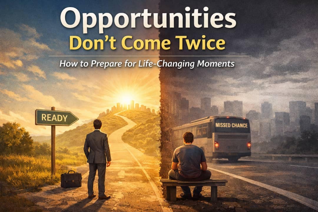 Opportunities don’t come twice illustration showing a prepared person walking toward success and another missing a chance bus